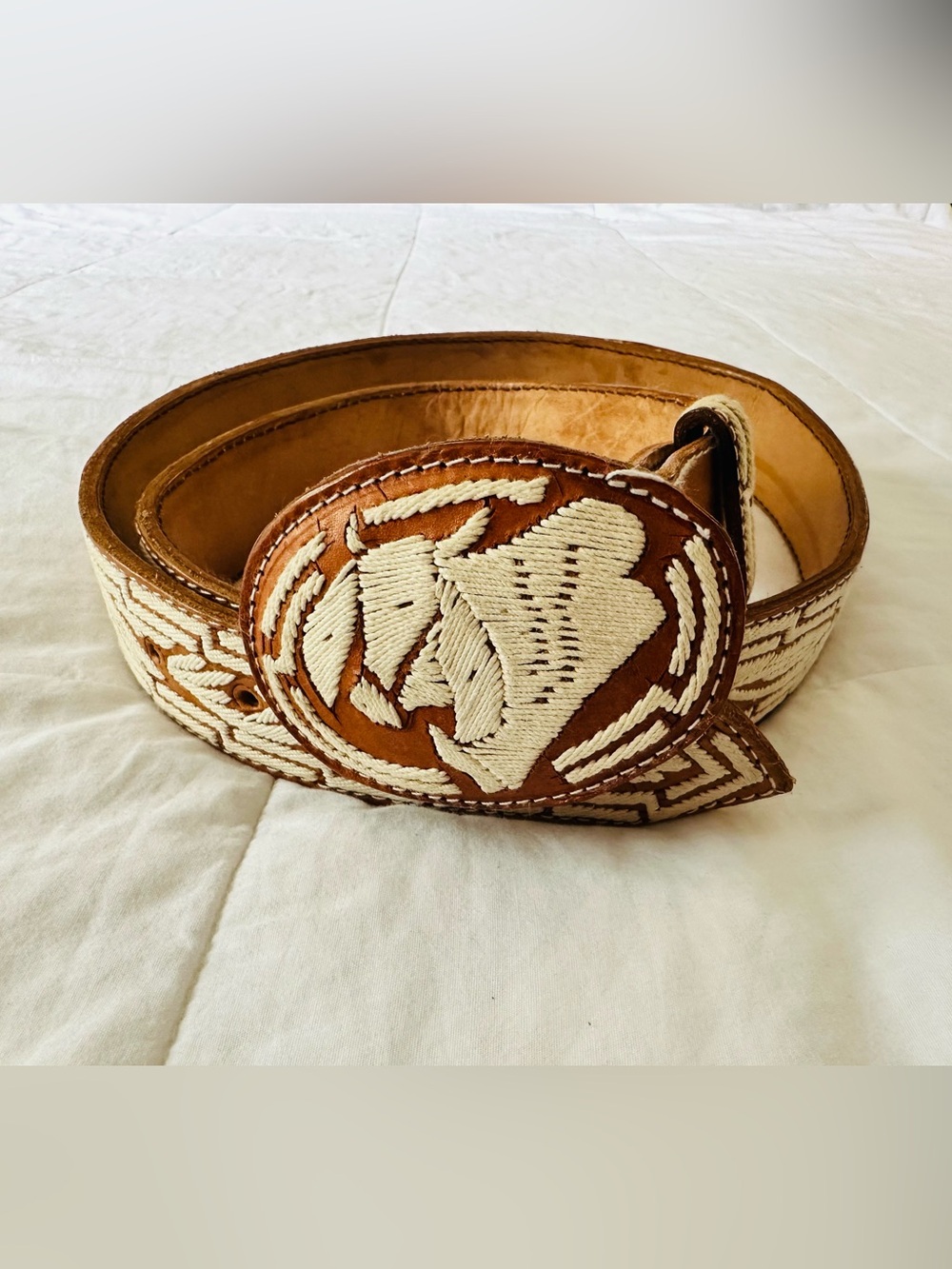 Boho Western Vintage Handcrafted Brown Leather Belt with Cream Embroidery L